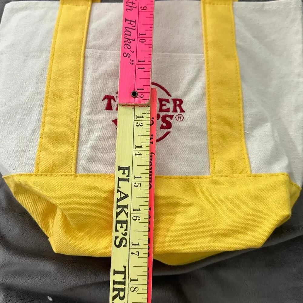 Trader Joes Mini Tote Canvas Yellow Trim Logo Graphic Double Handles Grocery